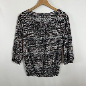 Daisy Fuentes Shirt Women Small Abstract Dot Pattern 3/4 Sleeve Smocked Blouse